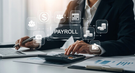 Poster - Person calculating payroll with laptop and calculator surrounded by payroll related icons