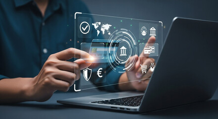 Poster - Person using laptop with digital interface displaying online banking and global transactions