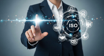 Poster - A person in a suit pointing at a digital iso icon with various business related symbols around it