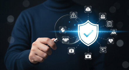 Poster - Man holding magnifying glass over shield with checkmark and various safety related icons around it