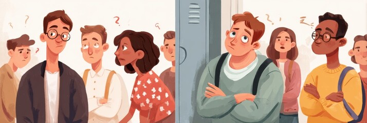 Fototapete - Understanding the Difference Between Teasing and Bullying Through Illustrated Examples in a School Hallway