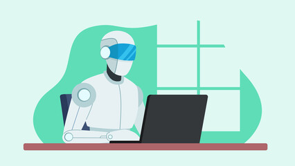 Fototapete - Artificial intelligence at work. Chatbot working on laptop at desk.  Illustartion graphics in flat design style. Data analysis and problem solving with machine learning. 