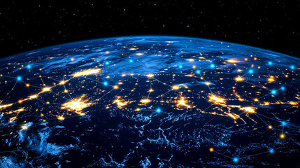 Poster - Low polyline earth network with connection points and lines, symbolizing global business, technology, and modern communication in a sleek flat vector style with space for caption.

