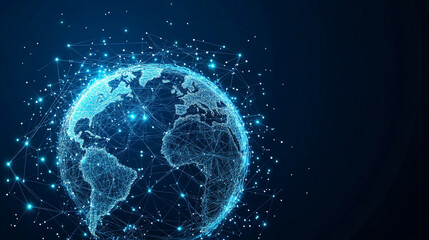 Poster - Low polyline earth network with connection points and lines, symbolizing global business, technology, and modern communication in a sleek flat vector style with space for caption.

