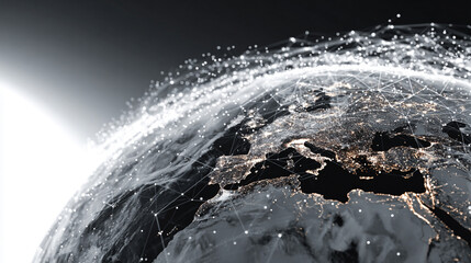 Poster - Low polyline earth network with connection points and lines, symbolizing global business, technology, and modern communication in a sleek flat vector style with space for caption.

