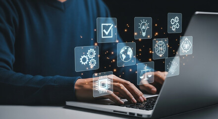 Aufkleber - Person typing on laptop with glowing icons representing technology and business concepts displayed above