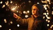 © ThisDesign - Boy writing shapes in air with sparkler, captured in motion, festive night generative ai