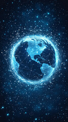 Poster - Low polyline earth network with connection points and lines, symbolizing global business, technology, and modern communication in a sleek flat vector style with space for caption.

