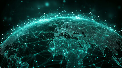 Poster - Low polyline earth network with connection points and lines, symbolizing global business, technology, and modern communication in a sleek flat vector style with space for caption.

