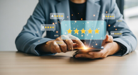 Poster - Person interacting with five star rating interface on mobile device in a business setting