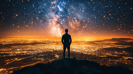 silhouette of a person watching a glowing earth globe with bright city lights in dark space, symboli