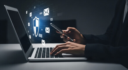 Poster - Person using laptop and phone with digital shield and email icons overlayed for cybersecurity