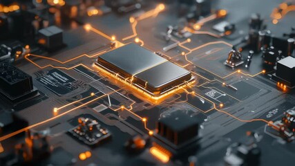 Poster - Cybernetic Blueprint: A meticulously detailed view of a cutting-edge circuit board, its intricate pathways glowing with the energy of innovation. A perfect representation of the digital realm.