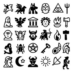 Poster - A collection of various icon symbols with black and white design, representing different cultural and symbolic themes