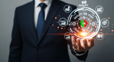 Aufkleber - Businessman holding a quality vs cost graphic with suit and tie in a studio environment shot