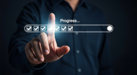 Aufkleber - Man pointing at progress bar with checkmarks indicating completed tasks on a dark background