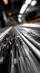 Poster - Abstract silver technology background with horizontal lines and blocks. Digital network design symbolizes data transfer, connectivity, and futuristic business concepts on a sleek dark silver gradient.