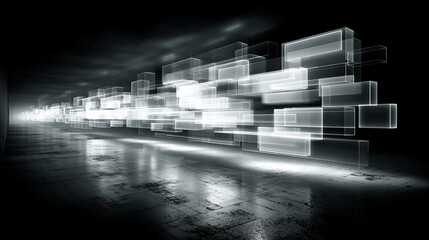 Poster - Abstract silver technology background with horizontal lines and blocks. Digital network design symbolizes data transfer, connectivity, and futuristic business concepts on a sleek dark silver gradient.