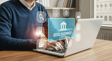 Poster - Person using laptop with digital government interface and icons overlaying the screen at a desk