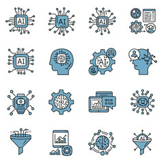 Fototapete - Collection of stylized icons representing artificial intelligence, data processing, and technology.