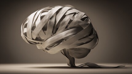 Aufkleber - Conceptual Brain Made of Twisted Ribbons Represents Symbolic Tension and Complexity of Thought in an Abstract Manner, Exploring Mental Processes and Emotions