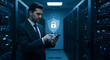 © robbi - Secure Data: Man in Server Room with Digital Security Shield