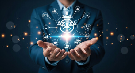 Poster - Businessman presenting a digital network with social media and communication icons above his hands