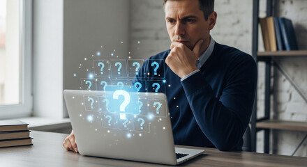 Aufkleber - Man contemplating computer screen with question marks overlayed on the display near a bookshelf