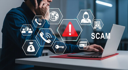 Poster - Man on phone with scam icons overlayed on laptop screen warning about online fraud and cybercrime risks