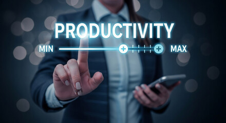 Poster - Person adjusting productivity slider with finger while holding phone in business setting indoors