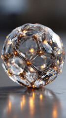 Poster - Pulsating wireframe sphere with coded lights glows against a dark background. Abstract digital network visualization symbolizing data flow, connectivity, and futuristic technology. Space for caption.
