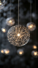Poster - Pulsating wireframe sphere with coded lights glows against a dark background. Abstract digital network visualization symbolizing data flow, connectivity, and futuristic technology. Space for caption.
