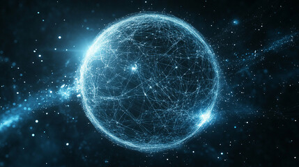 Poster - Pulsating wireframe sphere with coded lights glows against a dark background. Abstract digital network visualization symbolizing data flow, connectivity, and futuristic technology. Space for caption.
