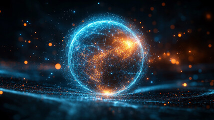 Poster - Pulsating wireframe sphere with coded lights glows against a dark background. Abstract digital network visualization symbolizing data flow, connectivity, and futuristic technology. Space for caption.
