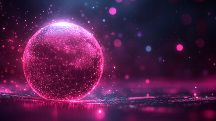 Poster - Pulsating wireframe sphere with coded lights glows against a dark background. Abstract digital network visualization symbolizing data flow, connectivity, and futuristic technology. Space for caption.
