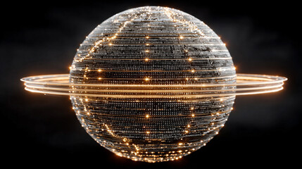 Poster - Pulsating wireframe sphere with coded lights glows against a dark background. Abstract digital network visualization symbolizing data flow, connectivity, and futuristic technology. Space for caption.
