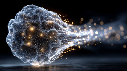 Poster - Pulsating wireframe sphere with coded lights glows against a dark background. Abstract digital network visualization symbolizing data flow, connectivity, and futuristic technology. Space for caption.
