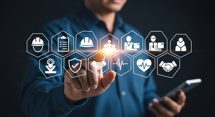 Poster - Man interacting with digital interface displaying safety and business related icons in hexagons