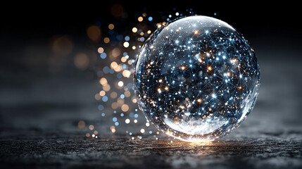 Poster - Pulsating wireframe sphere with coded lights glows against a dark background. Abstract digital network visualization symbolizing data flow, connectivity, and futuristic technology. Space for caption.

