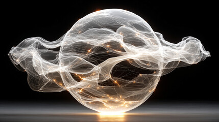 Poster - Pulsating wireframe sphere with coded lights glows against a dark background. Abstract digital network visualization symbolizing data flow, connectivity, and futuristic technology. Space for caption.
