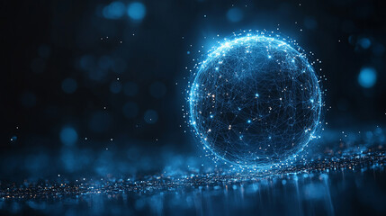 Poster - Pulsating wireframe sphere with coded lights glows against a dark background. Abstract digital network visualization symbolizing data flow, connectivity, and futuristic technology. Space for caption.
