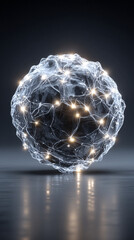 Poster - Pulsating wireframe sphere with coded lights glows against a dark background. Abstract digital network visualization symbolizing data flow, connectivity, and futuristic technology. Space for caption.
