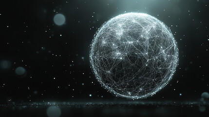 Poster - Pulsating wireframe sphere with coded lights glows against a dark background. Abstract digital network visualization symbolizing data flow, connectivity, and futuristic technology. Space for caption.
