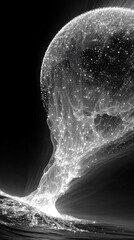 Poster - Pulsating wireframe sphere with coded lights glows against a dark background. Abstract digital network visualization symbolizing data flow, connectivity, and futuristic technology. Space for caption.
