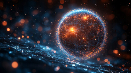Poster - Pulsating wireframe sphere with coded lights glows against a dark background. Abstract digital network visualization symbolizing data flow, connectivity, and futuristic technology. Space for caption.
