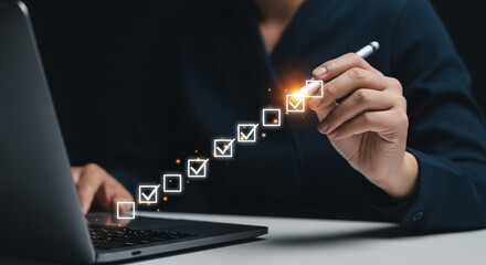 Poster - Person using a stylus to check off boxes in a digital checklist on a laptop screen interface design