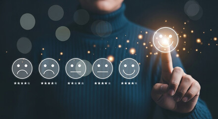 Poster - Person selecting a happy face on a customer satisfaction survey with glowing particles around it