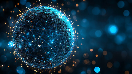 Poster - Pulsating wireframe sphere with coded lights glows against a dark background. Abstract digital network visualization symbolizing data flow, connectivity, and futuristic technology. Space for caption.
