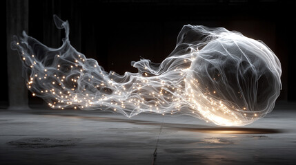 Poster - Pulsating wireframe sphere with coded lights glows against a dark background. Abstract digital network visualization symbolizing data flow, connectivity, and futuristic technology. Space for caption.
