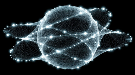 Poster - Pulsating wireframe sphere with coded lights glows against a dark background. Abstract digital network visualization symbolizing data flow, connectivity, and futuristic technology. Space for caption.

